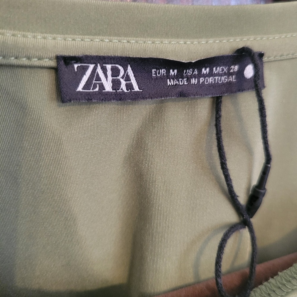 Zara Long Sleeve Crop Shirt M Olive Green Trendy Casual Boho Romantic - Picture 2 of 7